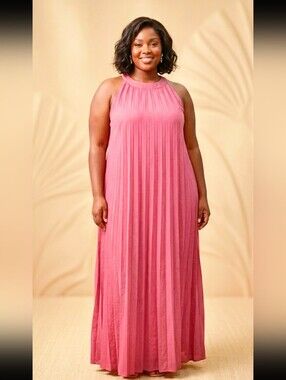 Pleated Halter Maxi Dress - Pink